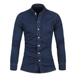 Slim Fit Stand Collar Single Breasted Denim Shirt
