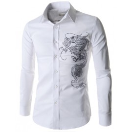 Trendy Long Sleeve Rivet Dragon Shirt in Pure Color