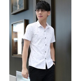 Tiny Feather Printed Short Sleeve Pointed Collar Shirt