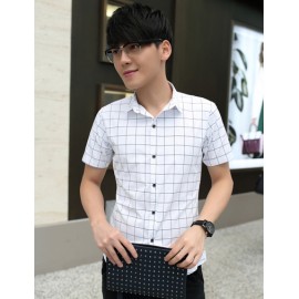 Trendy Plaids Pattern Short Sleeve Pointed Collar Shirt