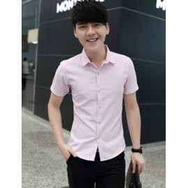 Laconic Pure Color Short Sleeve Pointed Collar Jacquard Shirt