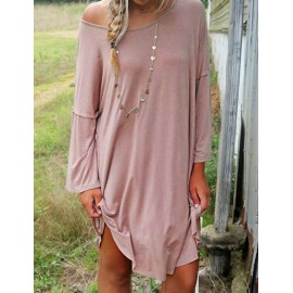 Leisure Long Sleeve Pure Color Day Dress in Dark Pink