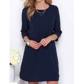 Elegant Long Sleeve Round Neck Chiffon Dress in Dark Blue
