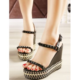 Street Sling Back Weave Wedge Sandals with Rivet Ornament Size:34-39