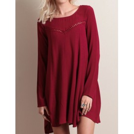 Loose Fit Cut Out Back Long Sleeve Day Dress in Red