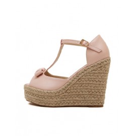 Bowknot Embellished T-Bra Buckle Peep Toe Wedge Heel Sandals Size:34-39