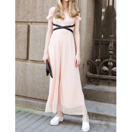 Celebrity Deep V Neck Color Block Chiffon Dress with Cuto-Out Shoulder