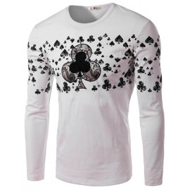 Fashionable Poker Printed Crew Neck Tee with Long Sleeve