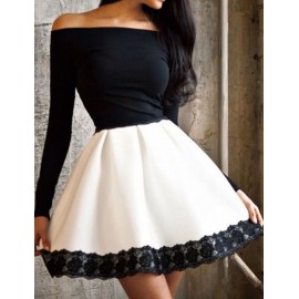 Sexy Off-Shoulder Flare Hem Mini Dress with Lace Panel