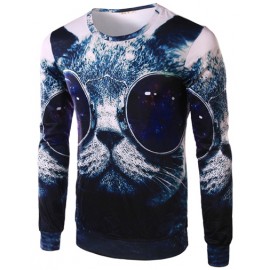 Fashionable Vivid Cat Printed Long Sleeve Tee with Crew Neck