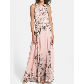 Elegant Floral Print Sleeveless Maxi Dress in Pink