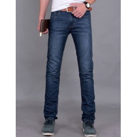 Casual Style Zip Trim Mid-Rise Slim Fitting Straight Jeans