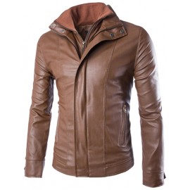 Slim Fit Zip Up Faux Leather Jacket with Slanted Zippered Pockets
