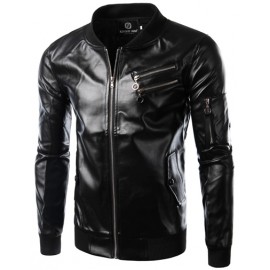 Moto Multi-Zip Stand Collar Faux Leather Jacket in Solid Color