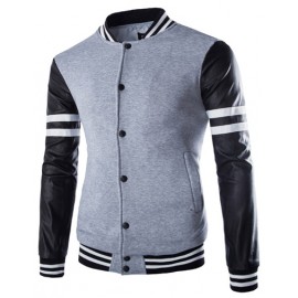 Sportive Stripe Printed Stand Collar Jacket with PU Panel