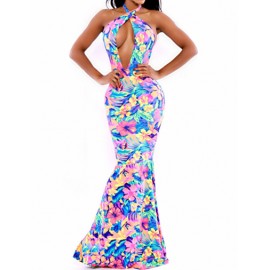 Gorgeous Backless Fishtail Trim Halter Dress with Hollow Out Trim