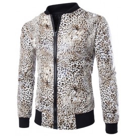 Attractive Leopard Zipper Faux Leather Jacket