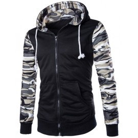 Camo Panel Zip Up Hoodie with Pouch Pockets