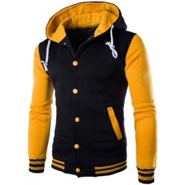 Slim Fit Button Placket Hoodie with Contrast Color Panel