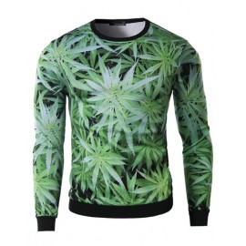 Exquisite Green Leaf Print Close Fitting Sweatshirt for Men