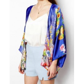 Extravagant Floral Printed Batwing Sleeve Kimono with Open Front Size:S-L