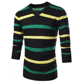 Faddish Colored Stripes Motifs V-Neck Slim Fit Sweater