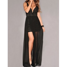 Charming Deep V-Neck Lace Panel Split Maxi Dress in Pure Color