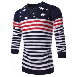 Modish Star and Stripes Pattern V-Neck Slim Fit Sweater