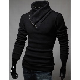 Unique Zip Trim Turnover Collar Pure Color Sweater