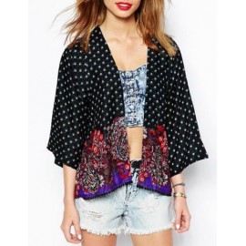 Retro Floral Printed Lace Edge Kimono with Open Front Size:S-L