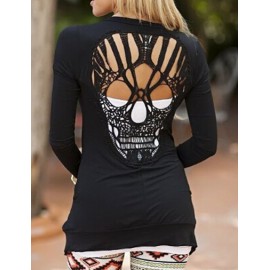 Styling Crocheted Skull Back Long Sleeve Tee in Solid Color