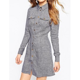 Concise Button Up Shirt Dress with Twin Pockets Front