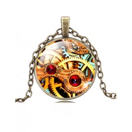 Modern Color Panel Wheel Gear Printed Necklace with Bronze Chain