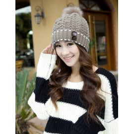Pretty Knitted Fuzzy Bobble Hat with Buttons Adornment For Women
