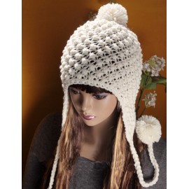 Popular Hollowed Hole Trapper Beanie Hat with Fuzzy Bobble For Women