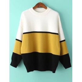 Fabulous Round Neck Loose Sweater in Color Block