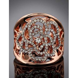 Luminous Rhinestone Detail Hollow-Out Floral Openwork Ring in Gold