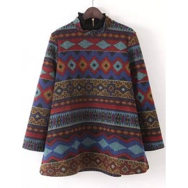 Vintage Print Wool A-Line Sweatshirt in Stand Collar Size:S-L