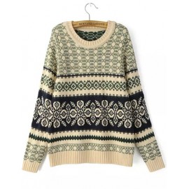 Basic Round Neck Loose Sweater with Jacquard Trim Size:S-M