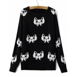 Preppy Bowknot Round Neck Sweater with Long Sleeve Size:S-L