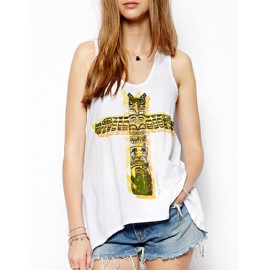 Vintage Print Scoop Neck A-Line Long Length Tank Top