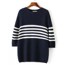 Loose Longline Stripe Sweater with Round Neck Size:S-L