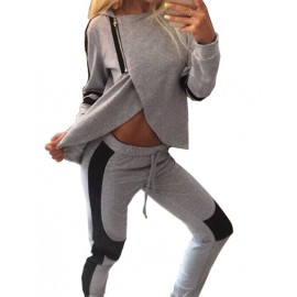 Styling Hooded Slanted Zip Hoodie and Sweat Pants in Two Tone