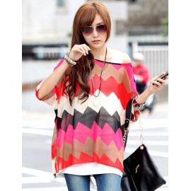 Fashion Batwing Sleeve Waved Printed Top in Loose Fit