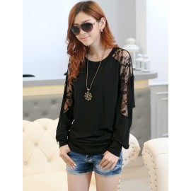Fashion Pure Color Long Sleeve Tee with Lace Panel