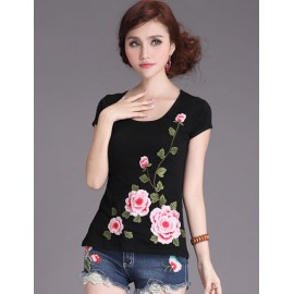 Aristocratic Slim Fit T-Shirt with Embroidered Peony For Women