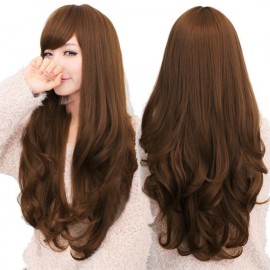 Fashion Women Long Wig Synthetic Hair Wigs Oblique Bangs Long Wavy Artificial Hair