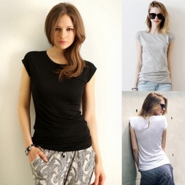 Fashion Women Casual O-Neck Short Sleeve Back Splice Solid Slim T-Shirt Tops 