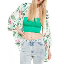 Leisure Fold-Over Collar Floral Printed Kimono with Wild Sleeve