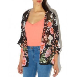 Romantic Floral Printed Sheer Chiffon Kimono with Open Front
